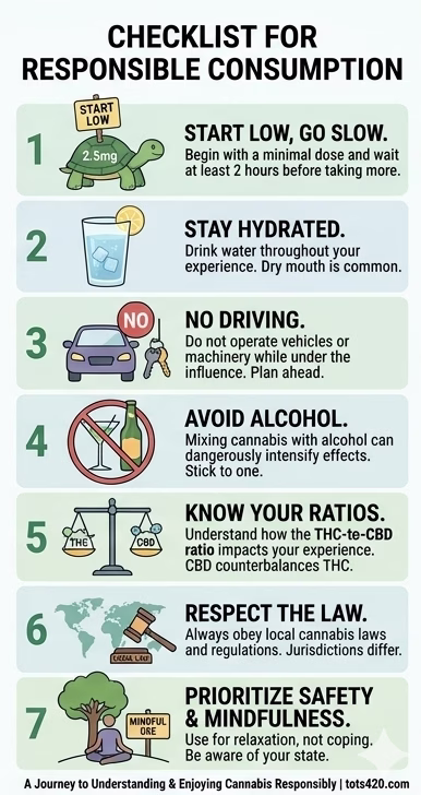 A 7-step checklist for responsible cannabis use for beginners covering dosage, hydration, and safety.