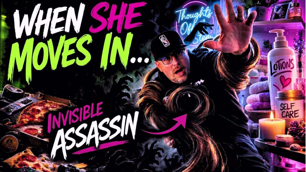 Man attacked by hair and lotions for Thoughts Off The Stem podcast about terpenes for weed anxiety.