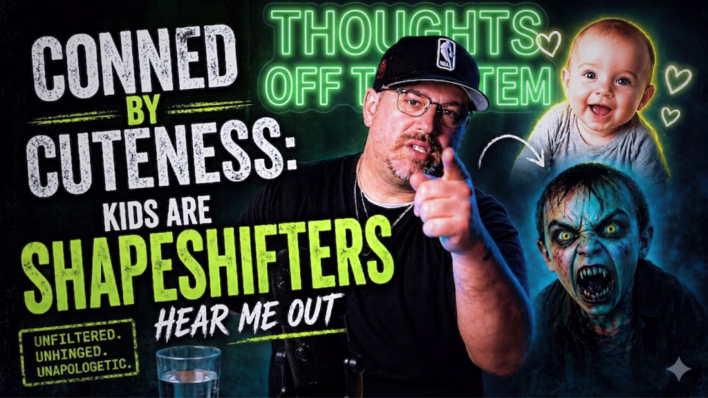 Podcast host pointing at camera next to a baby transforming into a monster. Text reads 'Conned by Cuteness: Kids are Shapeshifters.' Green and black edgy aesthetic for the 'Thoughts off the Stem' show.