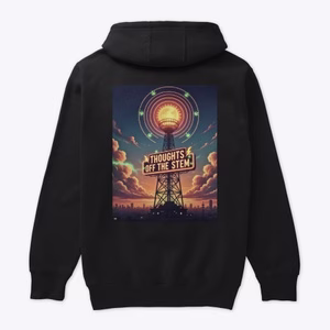 Back view of the TOTS Broadcaster hoodie showing a detailed radio tower graphic with 'Thoughts Off The Stem' integrated into the design.