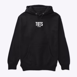 Front view of a black Thoughts Off The Stem (TOTS) premium hoodie featuring bold white font test that reads TOTS EST. 2020 on the centre chest.