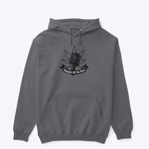 Product preview of Thoughts Off The Stem apparel featuring alternative podcast logos including the cannabis leaf and microphone design on a charcoal hoodie.