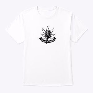 Product preview of Thoughts Off The Stem apparel featuring alternative podcast logos including the cannabis leaf and microphone design on a white T-shirt.