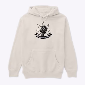 Product preview of Thoughts Off The Stem apparel featuring alternative podcast logos including the cannabis leaf and microphone design on a sandshell hoodie.